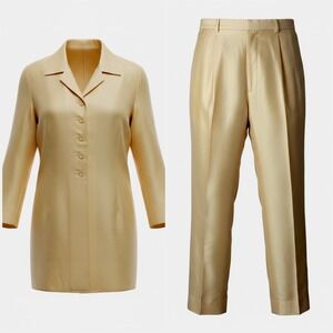 Doncaster 100% Silk Pant Suit Vintage Champagne Gold Tunic Pleated Trousers 18